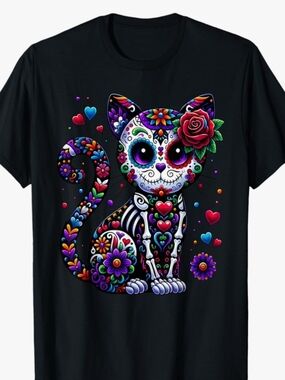 Dia De Los Muertos Cinco De Mayo Cat Sugar Skull Men Women T-Shirt